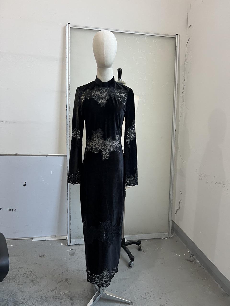 2026 Spring Elegant Socialite Lace Patchwork Long Dress with Slit Small чёрный