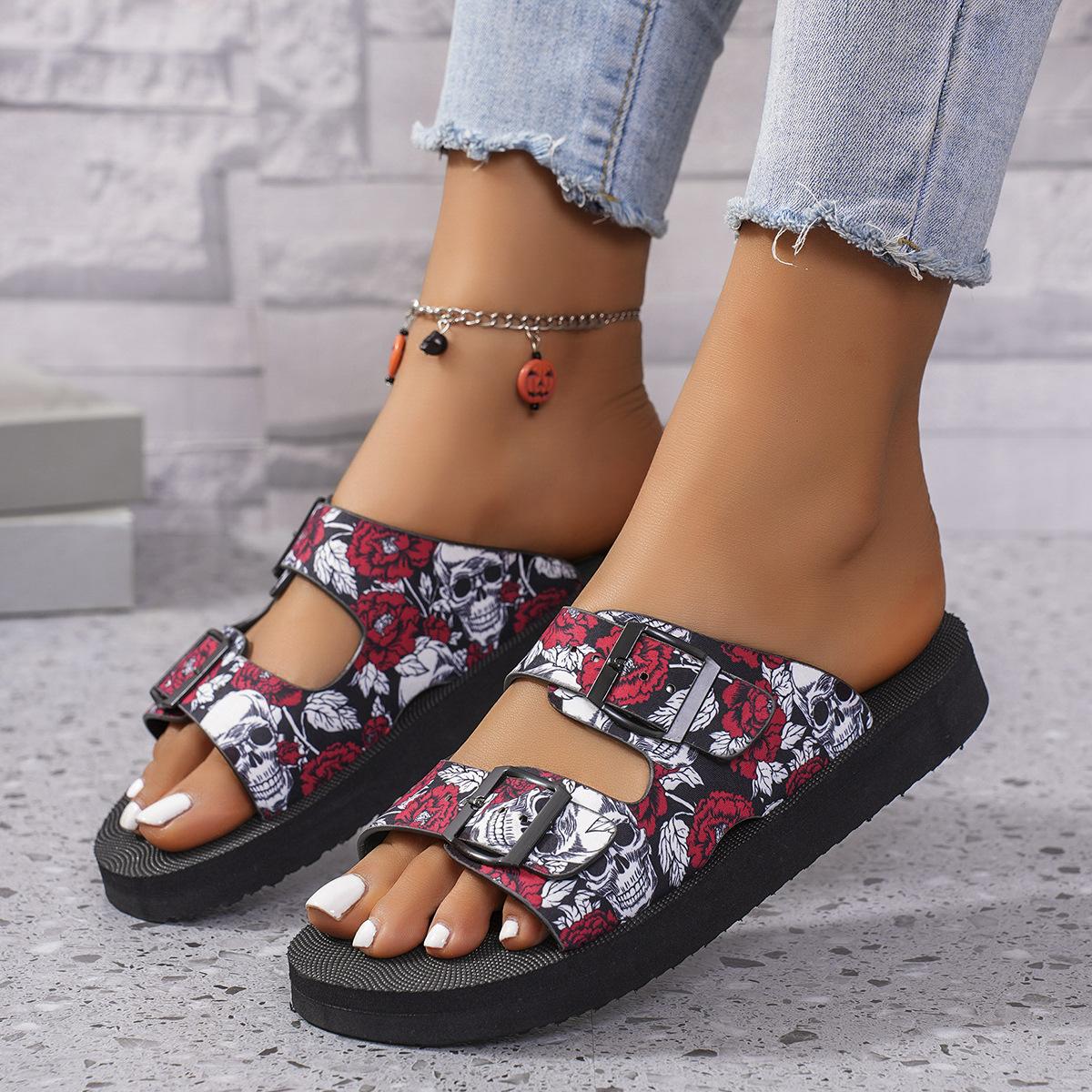 

Модные босоножки-слайды из ткани с цветочным принтом - застежка на пряжке, плоская платформа, удобный открытый носок, стелька из ПВХ 43 белый