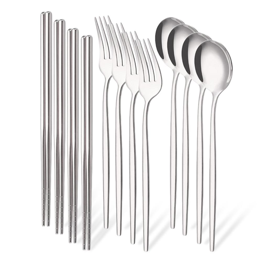 12Pcs/Set Western Golden Stainless Steel Cutlery Set Mirror Dinnerware Set Fork Spoon Chopsticks Tableware Flatware Set