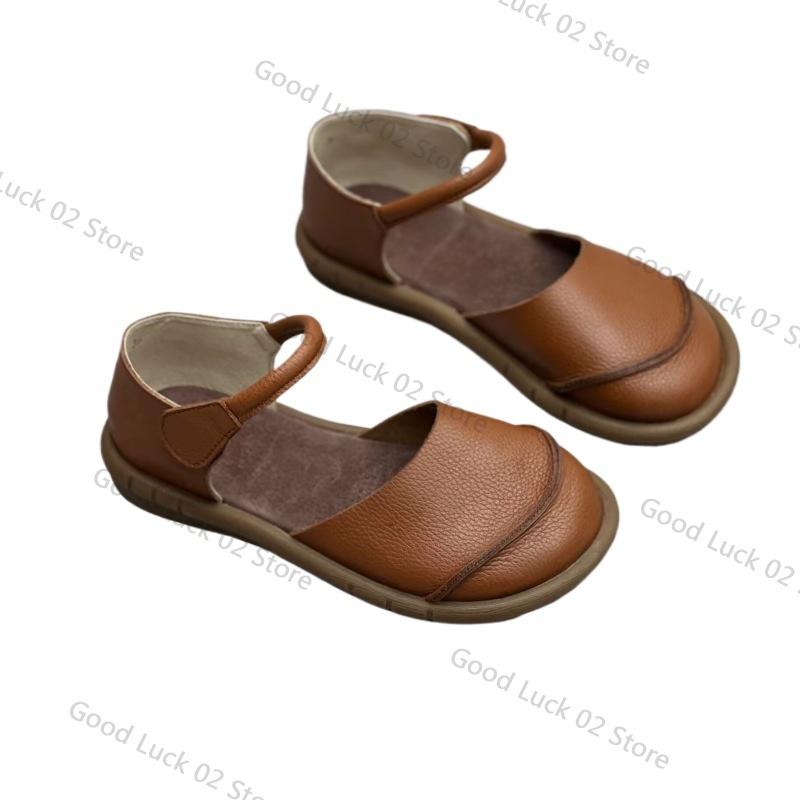 Fashion Soft Leather Women's Flat Shoes Retro Handmade Comfortable 2025 Summer Genuine Leather Fashion Black Casual Sandals Ladies