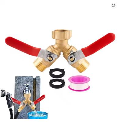Hose Splitter 2 Way Heavy Duty Brass Garden with 304 Stainless Steel Long Handle Outdoor Full Flow Connector,Y Valve 3/4 Inch GHT Thread