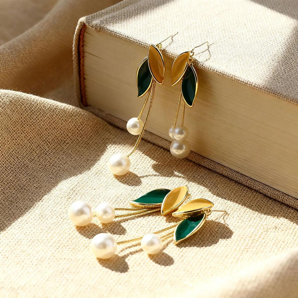 Simulation Pearl Leaf Fringed Earrings Dripping Oil Long Earrings Temperament Earrings Tassel Earrings