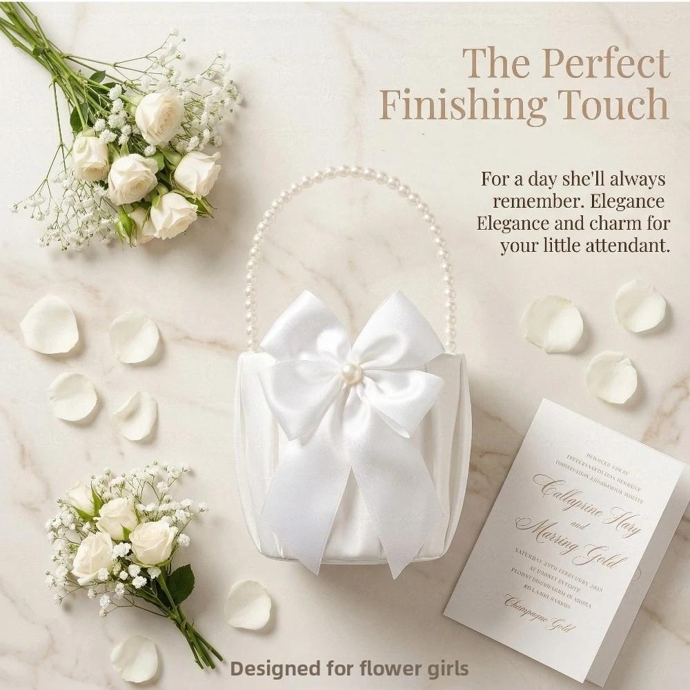 Rustic Bowknot Pearl Handle Basket Vintage Flower Girl Basket Wedding Flower Basket  Floral Petals