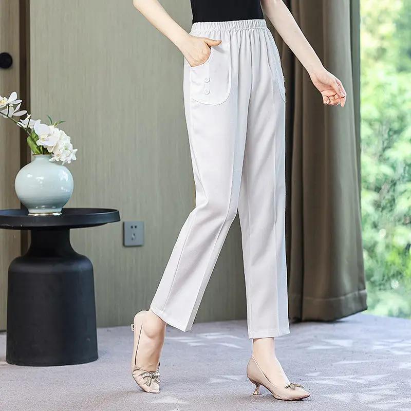 

Женские широкие брюки весна/лето с высокой талией, свободные и утягивающие тонкие прямые ниспадающие укороченные повседневные женские брюки, летние брюки M белый