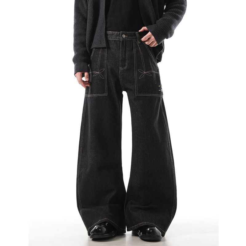 

Acrardic American-Style Embroidered Denim Black Scimitar Jeans for Men, Street Retro Loose Wide-Leg Silhouette Long Pants Black X L
