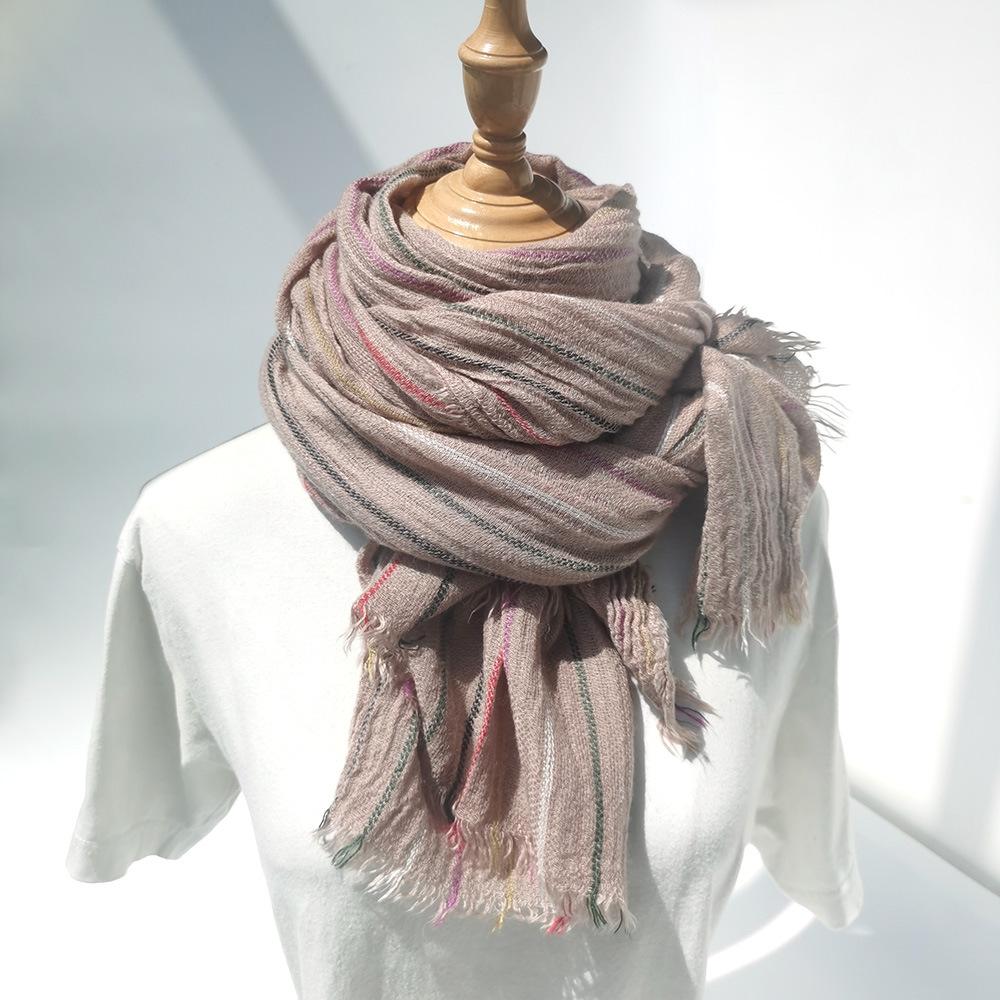Custom-spun autumn and winter new wool scarf women's striped yarn-dyed warm scarf retro literary and versatile shawl decoration