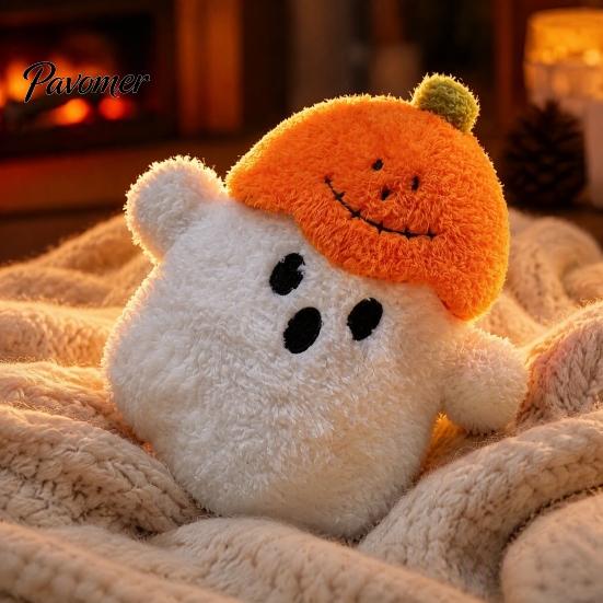 Portable Small Plush Companion Halloween Pumpkin Ghost Pillow, Cute Soft Stuffed Animal Sofa Cushion Orange And White for Living Room, Spooky Huggable