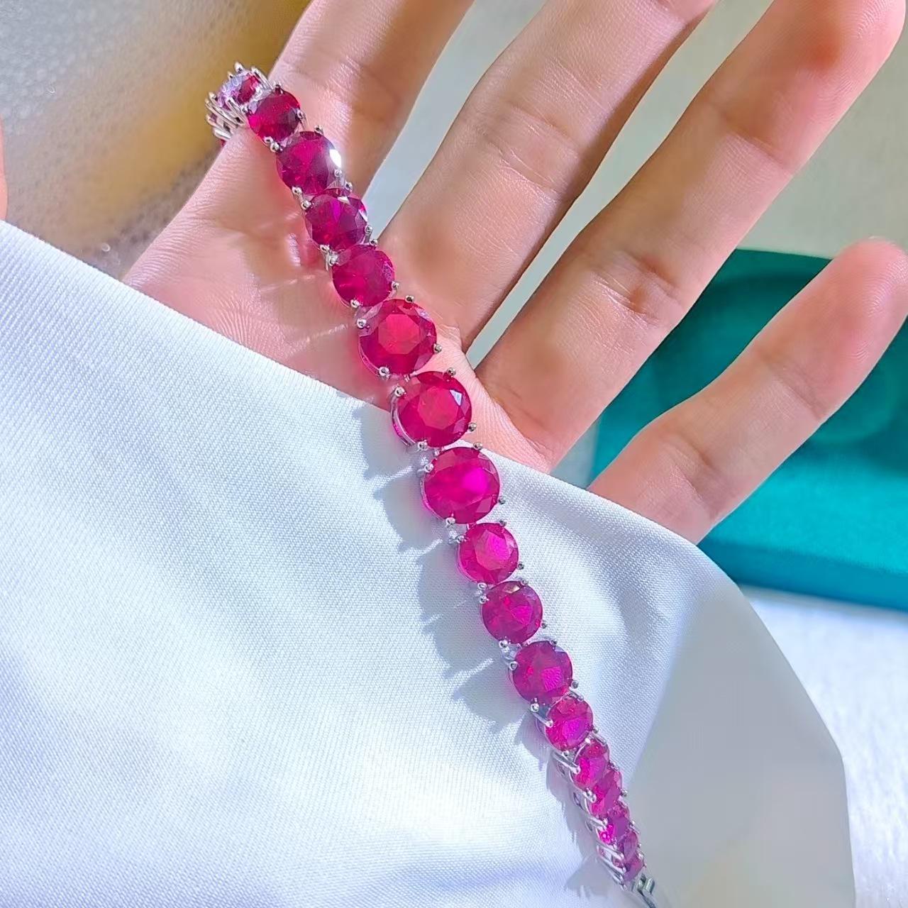 Silver-Plated Diamond Simulated Sapphire & Ruby Bracelet for Women with Inlaid Corundum & Blue Spinel. Copper Silver Plated