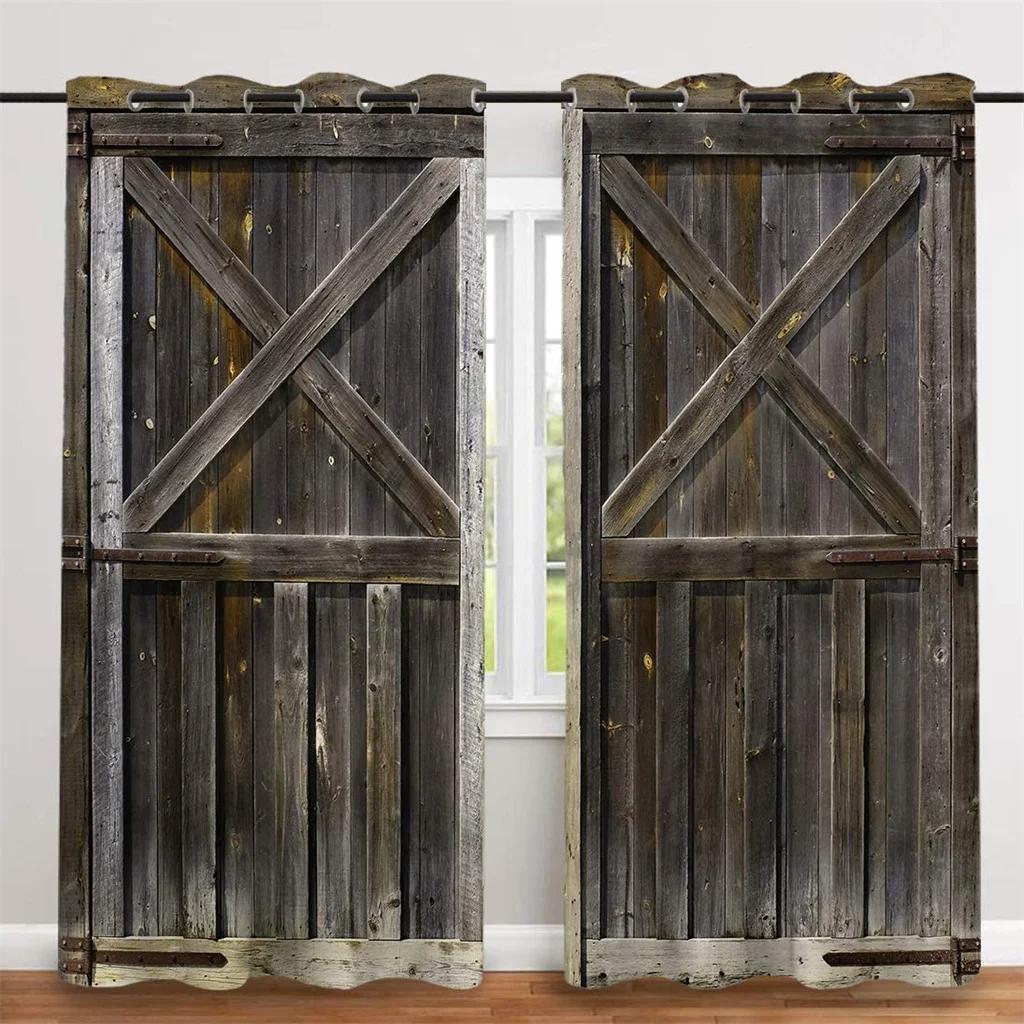 Retro Stylish Printing Wooden Door Style Light-Filtering Curtains,Vintage Decorative Elements Curtain for Living Room Bedroom
