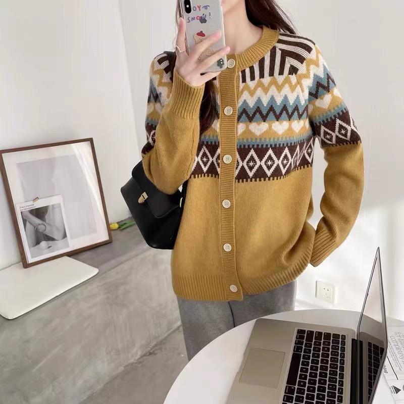 Retro Jacquard Round Neck Knit Cardigan - Women's 2025 Spring/Autumn Loose Ethnic Style Sweater Coat
