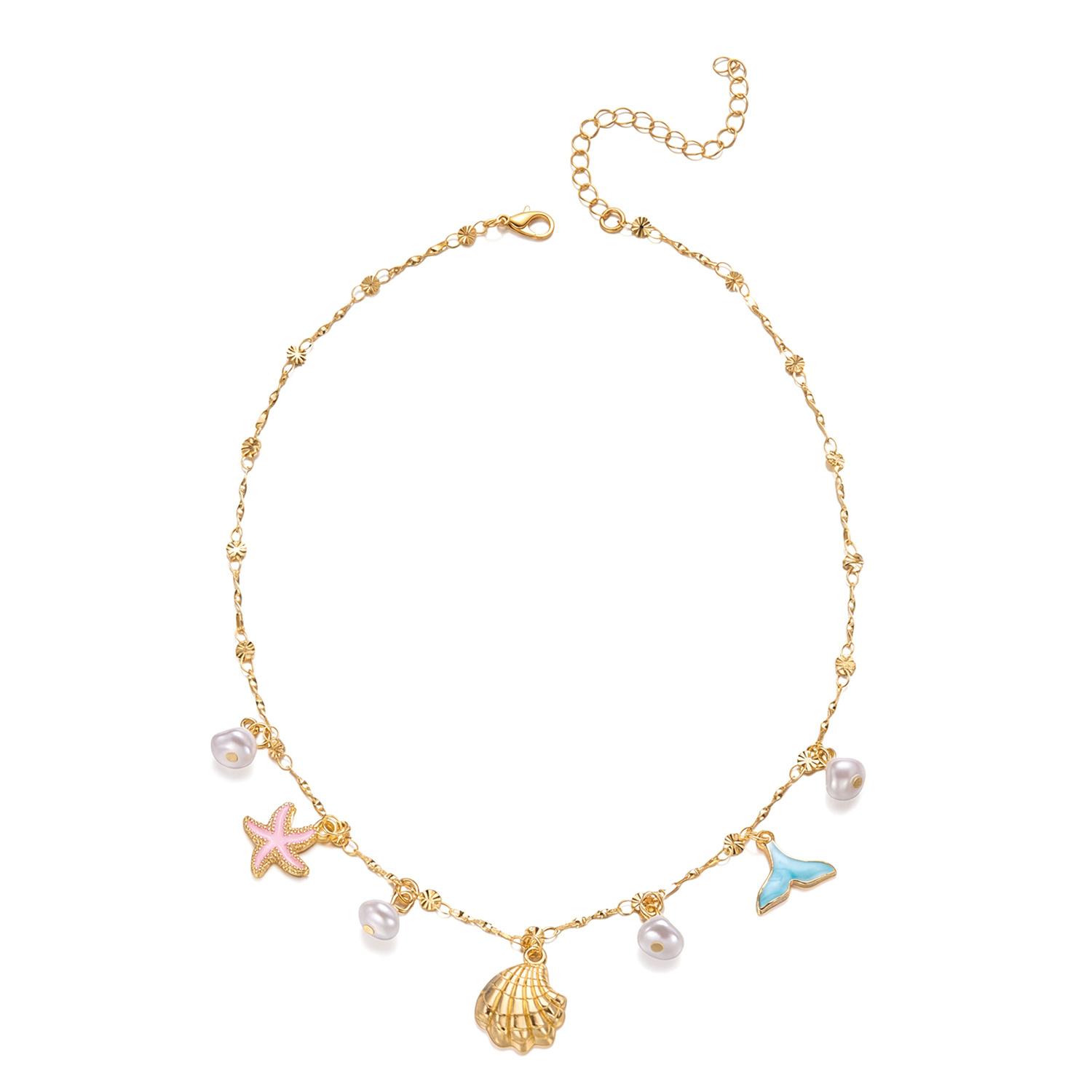 

Summer Beach Pearl Starfish Shell Necklace Bohemian Ocean Theme Choker For Women Vacation