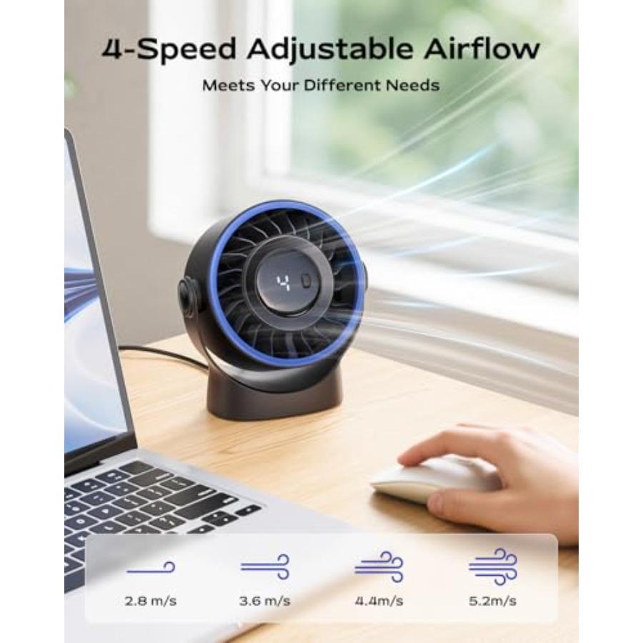 USB Small Desk Fan - 5 Inch Mini Personal Desktop Fan, 4 Speeds Cooling Strong Airflow, 360° Adjustable Tilt, Quiet Portable Ta