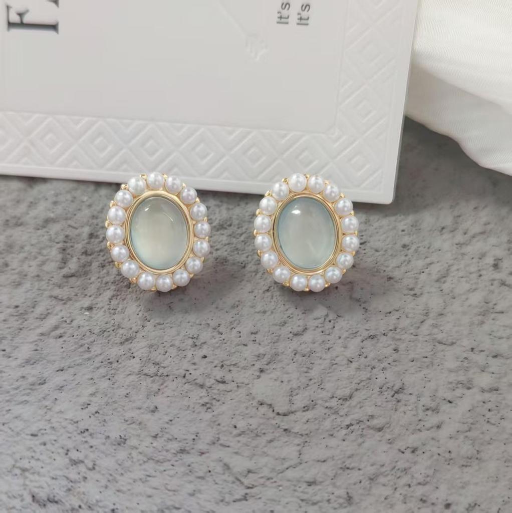 Ballet Manor: French Romantic Blue Cat's Eye Stone Pearl Stud Earrings