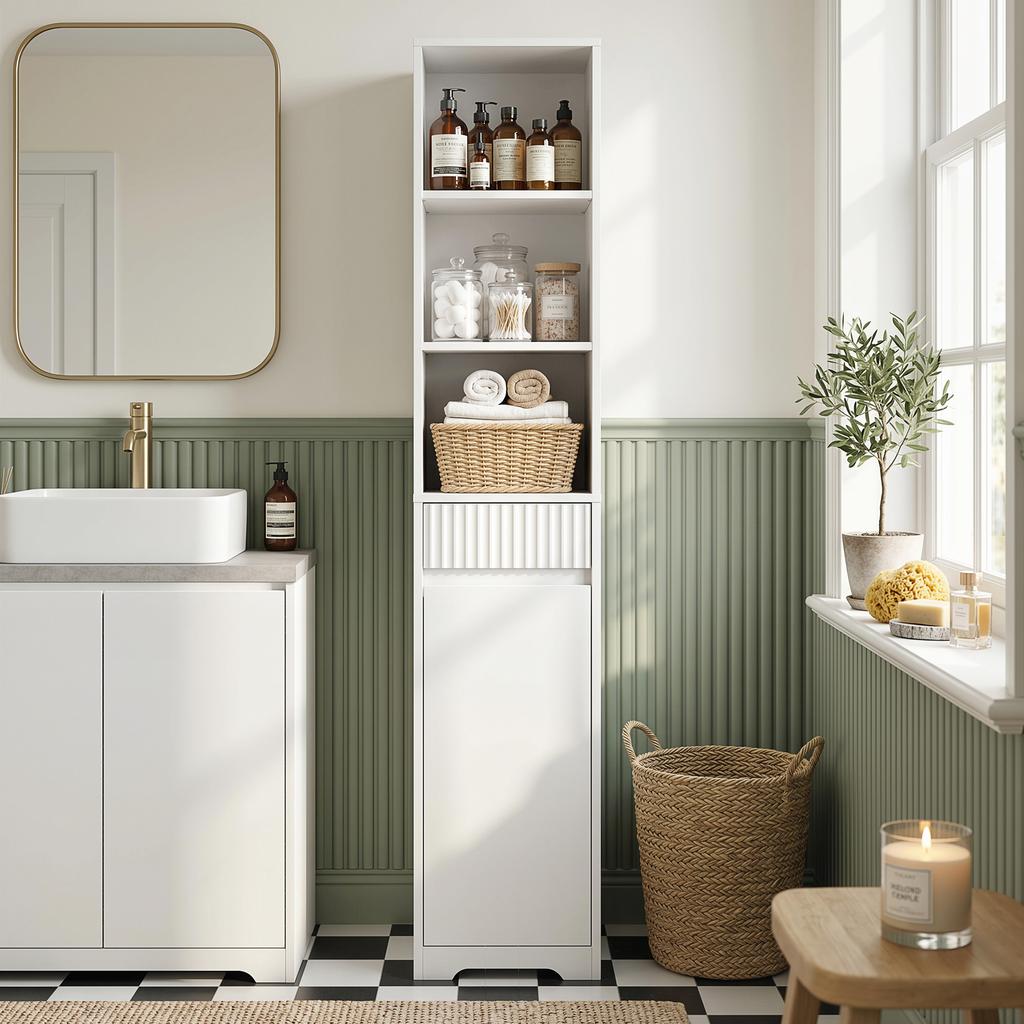 Tall Bathroom Cabinet, Door, Drawer, Open Compartments, Adjustable Shelf, White