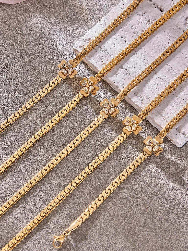 Stylish European & American Double Layer Zirconia Flower Necklace & Stainless Steel Bracelet Jewelry Set for Women