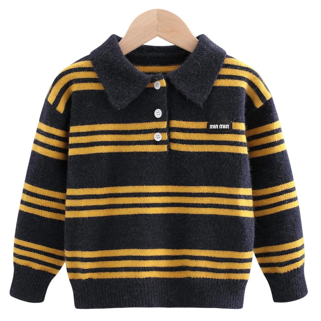 Klučičí podzimní 2025 korejský pruhovaný pletený svetr s límečkem - Měkký a ležérní s dlouhým rukávem pro malé až střední děti