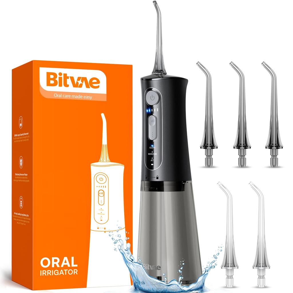 Bitvae Oral Irrigator Jet Washer 3 Modes 5 Intensity Levels 6 Replacement Nozzles USB Rechargeable IPX7 Waterproof Interdental Care Perfect for Home