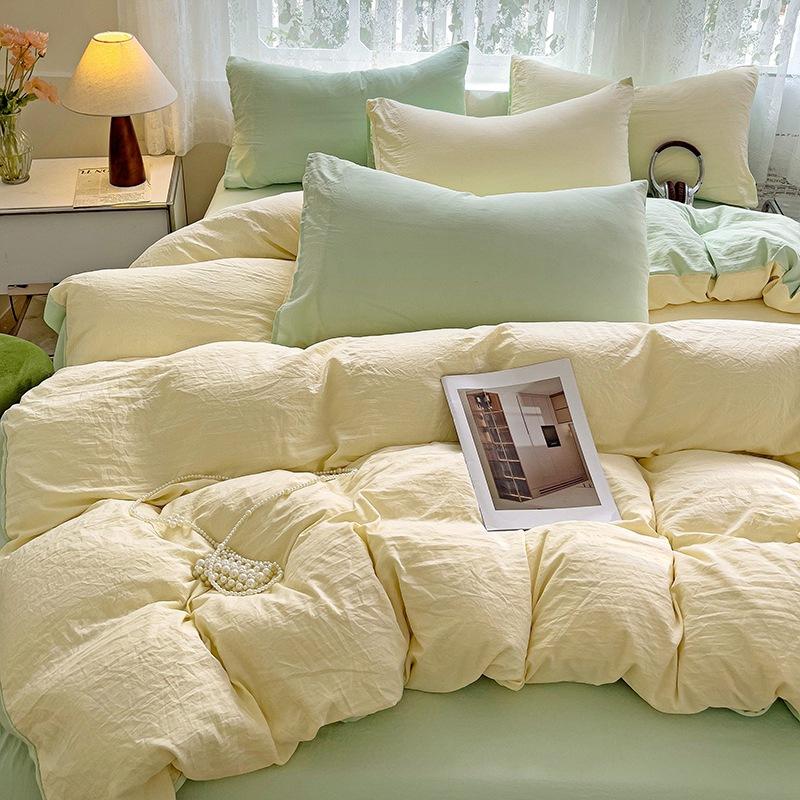 Super Soft Bed 4Pcs Set, Pure Washed Cotton Quilt Cover, Bed Sheet Full Quilt Cover, Bed Hat Student Three 4-Piece Set