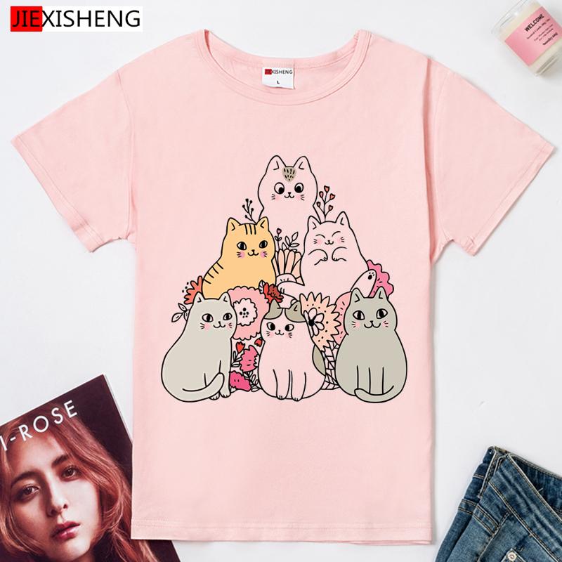6 Cats Funny Cartoon Graphics Print Women T Shirt Ladies Short Sleeve O-Neck T-Shirt 5 Colors Harajuku Tee Shirt