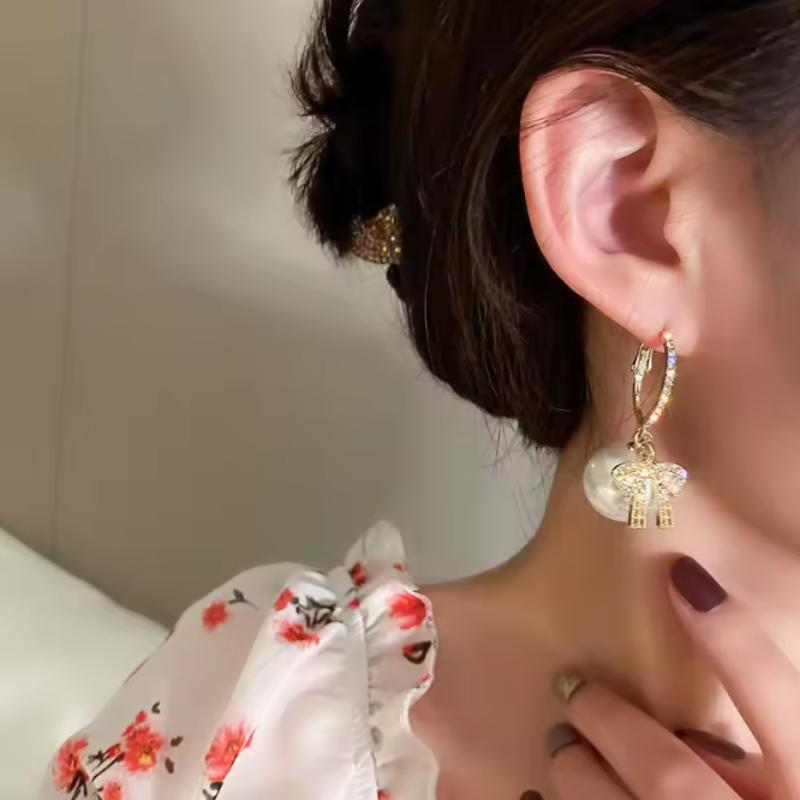 Sparkling Inlaid Zircon Bow Earrings, Red Imitation Pearl Earrings,  Gifts for Girls' New Year's and Christmas Parties