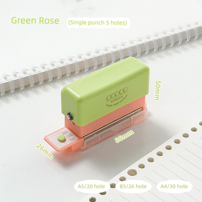 

Grade Three Class Two Five-Hole Puncher Loose Spiral Notebook Punching Machine Small Hand Account Hole Punch Handmade Paper Bookbinding Machine K [5 hole punch] Green rose powder