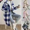 European and American Autumn/Winter Plaid Lapel Plush Button-Down Long Coat for Women