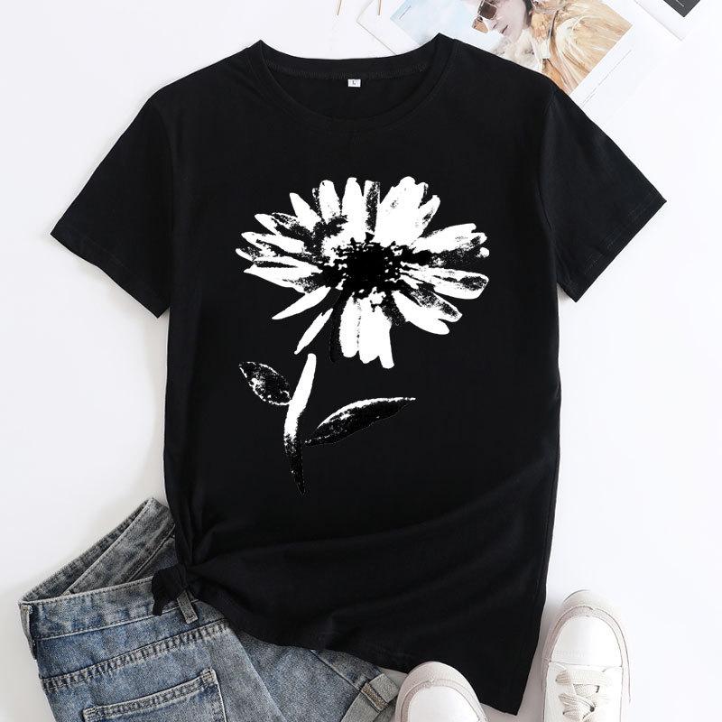 Summer Round Neck Floral Print Top Fashionable Casual Short Sleeved Women's Pure Cotton T-shirt