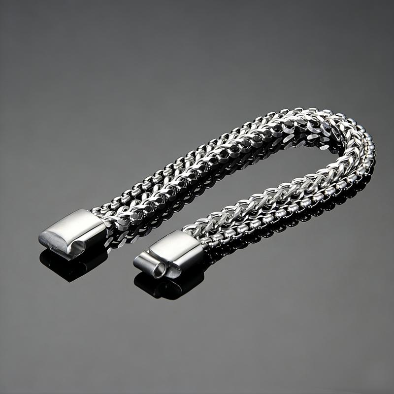 Full Titanium Steel Braided Square Double Sided Chain Magnetic Clasp Bracelet Men Punk Bangle Tarnish Resistant 19cm