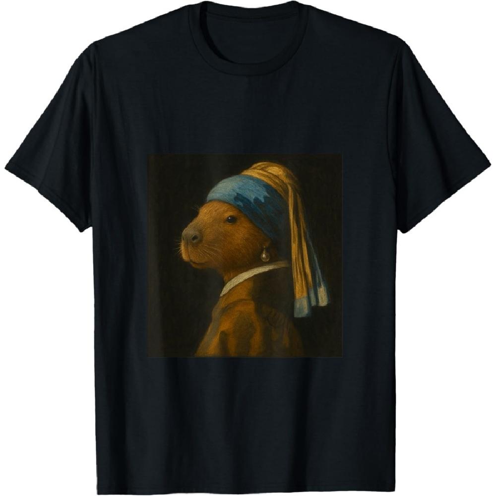 Capybara Johannes Vermeer style Girl with a Pearl Earring T-Shirt XXXXXL чёрный