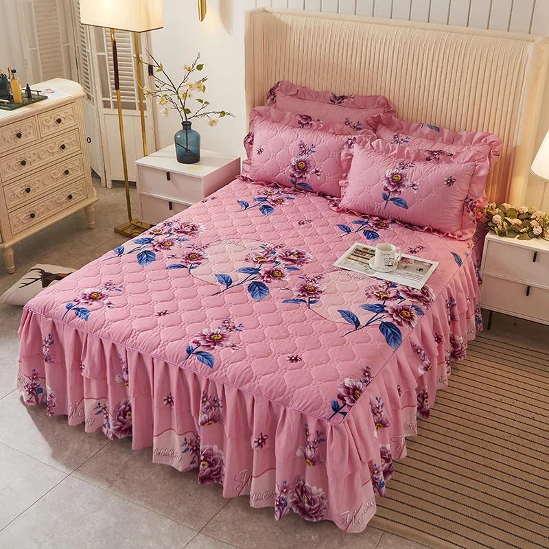 1piece Sheets for Bed Thick Warm Elastic Fitted Queen Mattress Pad Bedspread Bed Skirt Wedding Bedskirt No Pillowcase