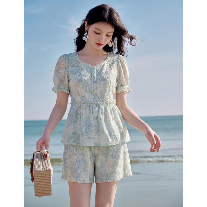Qiushui Yiren Fresh Floral V-Neck Short Set S