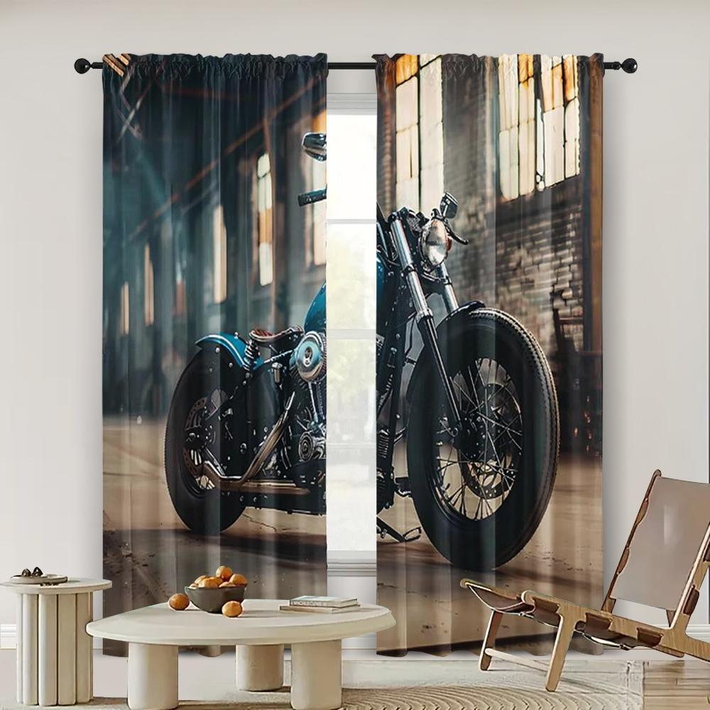 2pc,  Party Window Curtains Garage Motorcycle Vintage Retro Motorcycle Light Filter Festive Backdrops Suitable for Translucent