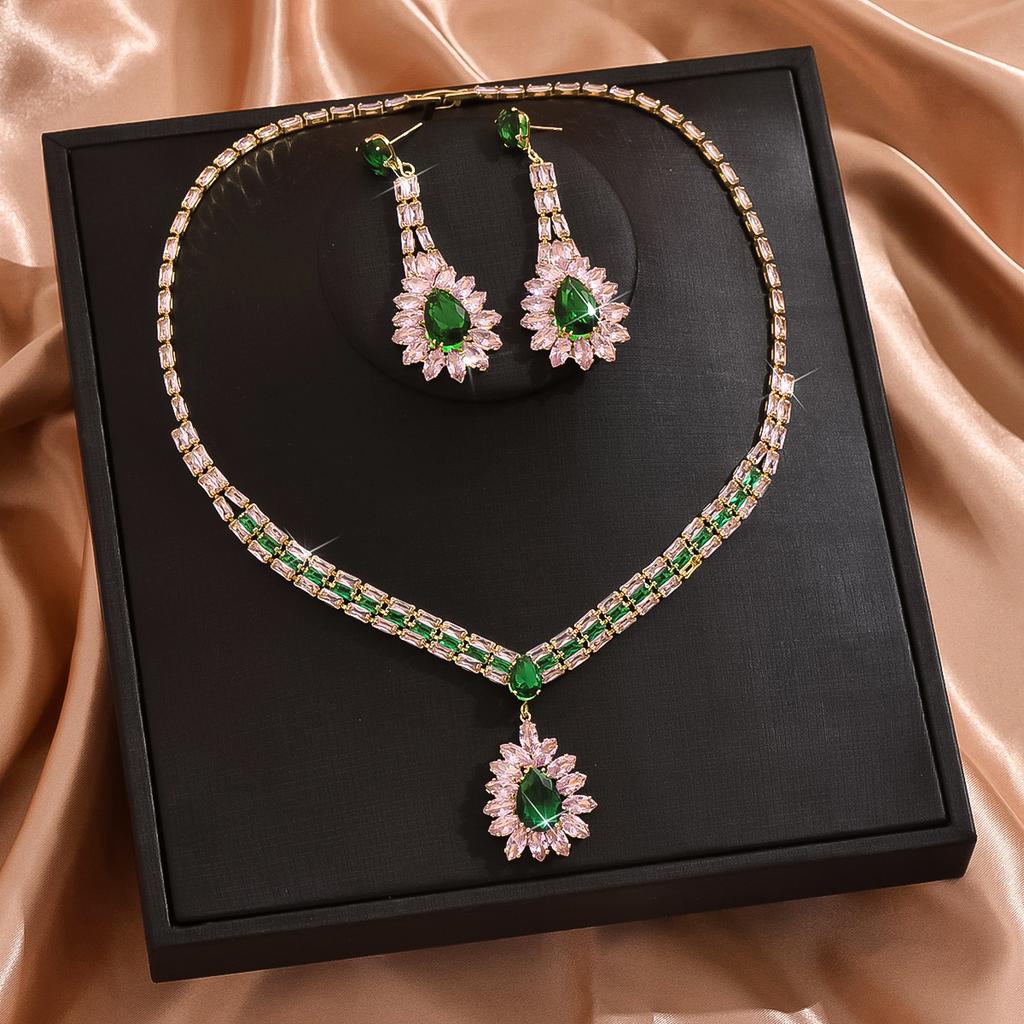3PC Women's Fashion Zircon Series Pink Water Drop Necklace Earrings Zircon Set Suitable for Wedding, Party, Festival Gifts-8583