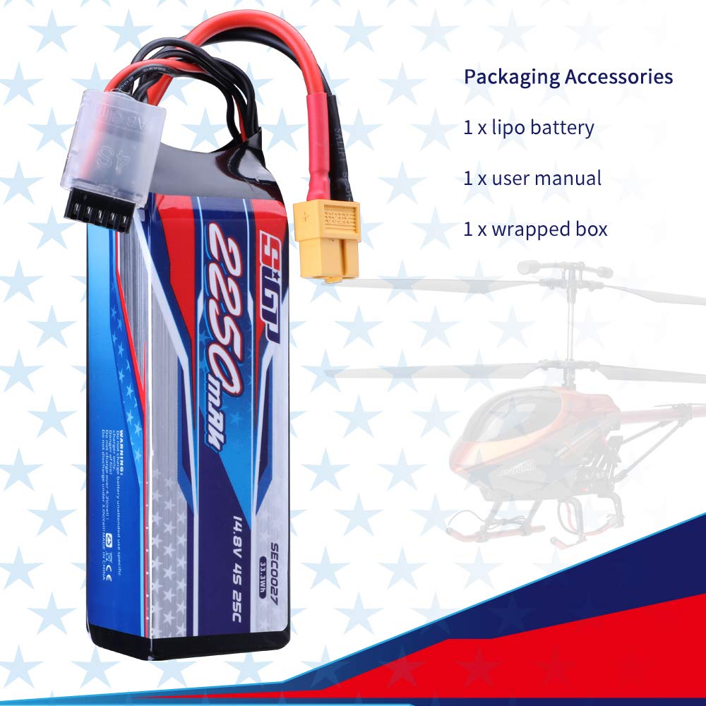 SIGP 4S 14.8V RC LiPo 25C 2250mAh with XT60 Plug for RC Airplanes, Quadcopter, Helicopter Drones, FPV Racing, and Hobbies