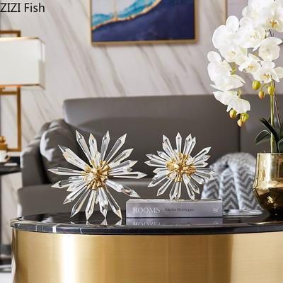Creative Crystal Sea Urchin Sculpture Abstract Artwork Metal Ornaments Desk Decoration Crystal Flower Ball Statue Modern Decor