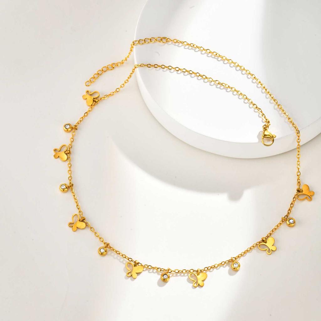 Shiny Zircon Butterfly Pendant Stainless Steel Necklace for Women, Gold Plated Clavicle Chain Neck, Fashion Daily Party Jewelry