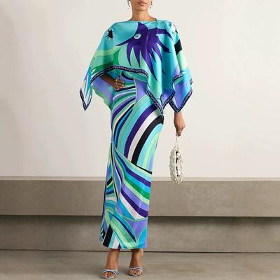 Women Printed Kaftan Sleeves Maxi Dress Elegant Evening Party Gown with Asymmetric Hem