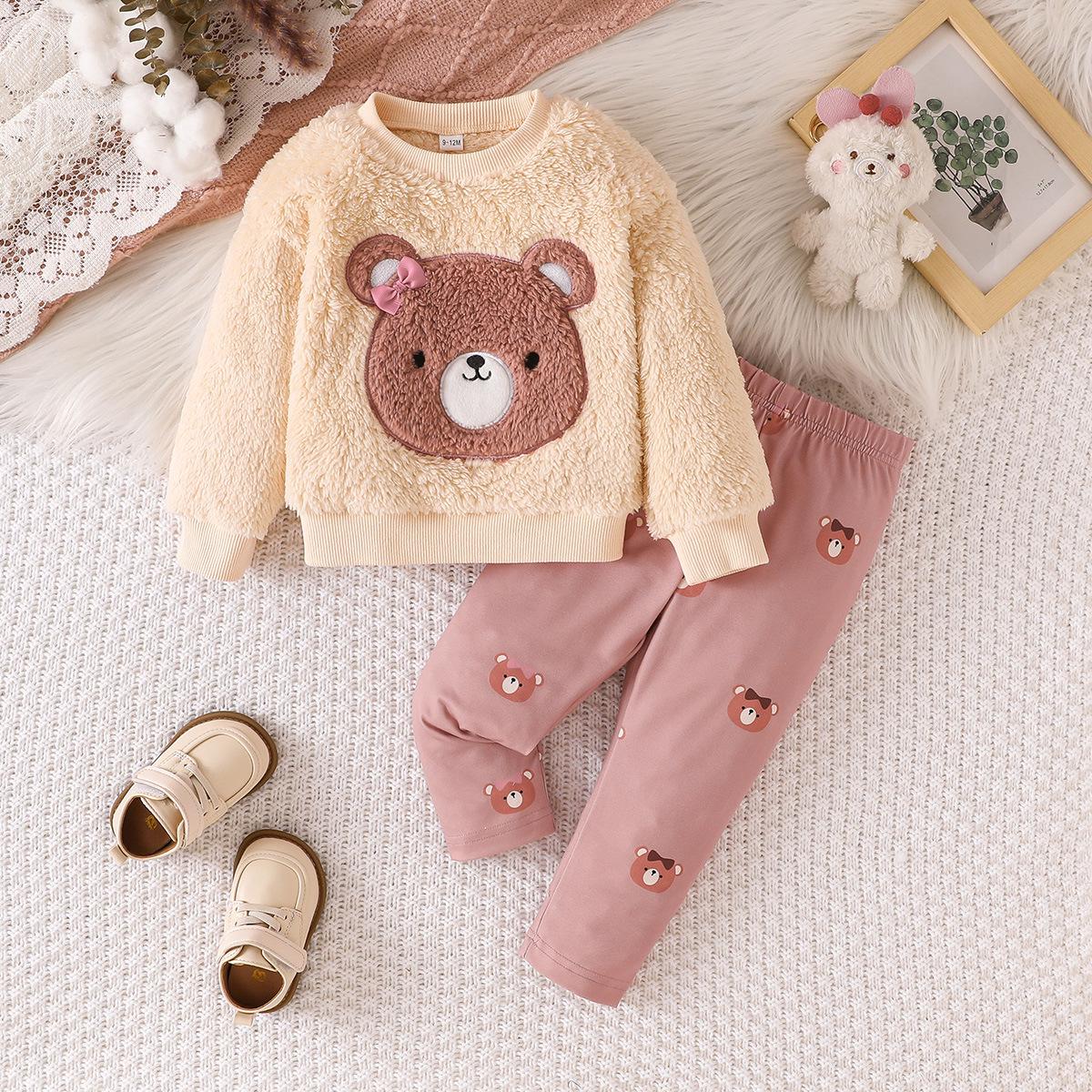 

2025 Autumn/Winter Bear Embroidered Fleece Top & Long Pants Set - Cute & Warm 6-9M