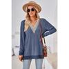 Herbst und Winter Damenbluse mit V-Ausschnitt, Spitze, einfarbig, lockere Langarm-Tops