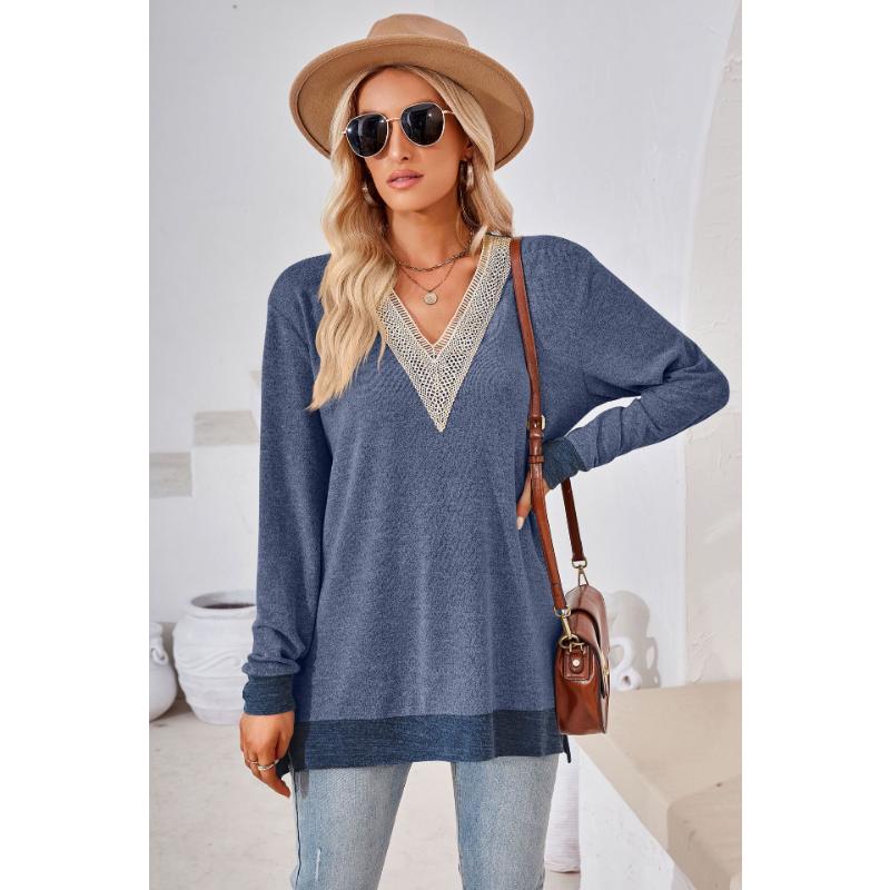 Herbst und Winter Damenbluse mit V-Ausschnitt, Spitze, einfarbig, lockere Langarm-Tops