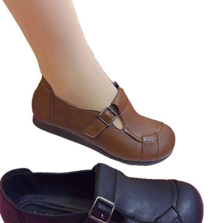 Mom shoes 2025 spring new soft surface beef tendon soft sole retro middle-aged and elderly single shoes women's new flat bottom women's leather shoes