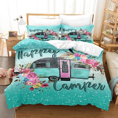 3-częściowy zestaw pościeli z nadrukiem wzoru Happy Camper, odpowiedni do sypialni nastolatków i dorosłych, kemping, 1*poszwa na kołdrę+2*poszewka na poduszkę