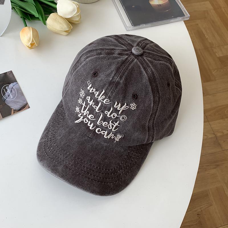Korean-style Washed Letter Embroidered Baseball Cap for Women, American Retro Distressed Duckbill Cap, Summer Sun Hat for Men