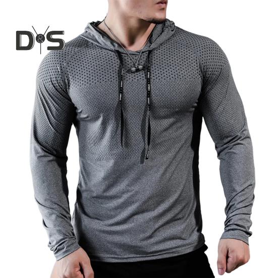 Männer Sport Top Kordelzug Kapuze Langarm Slim Fit Weich Atmungsaktiv Hohe Elastizität Schnell Trocknend Hohl Mesh Jogging Training Sommer Frühling Sweatshirt