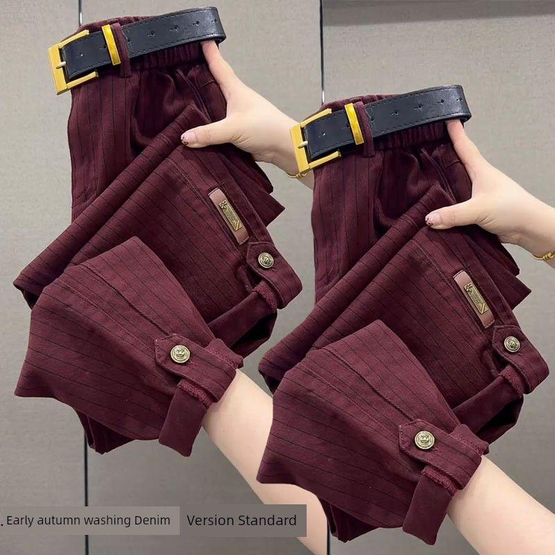 

K-стиль Хлопковая ткань Полоски Ранняя осень Повседневные Джинсы-папа длиной до щиколотки Burgundy 4XL