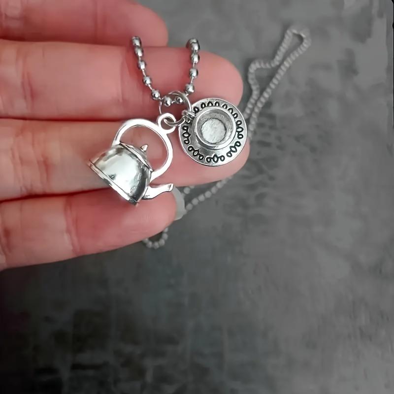Retro Anime Style Asymmetric Kettle Tea Cup Clock Coffee Cup Pot Pendant Necklace With Bead Chain Necklace