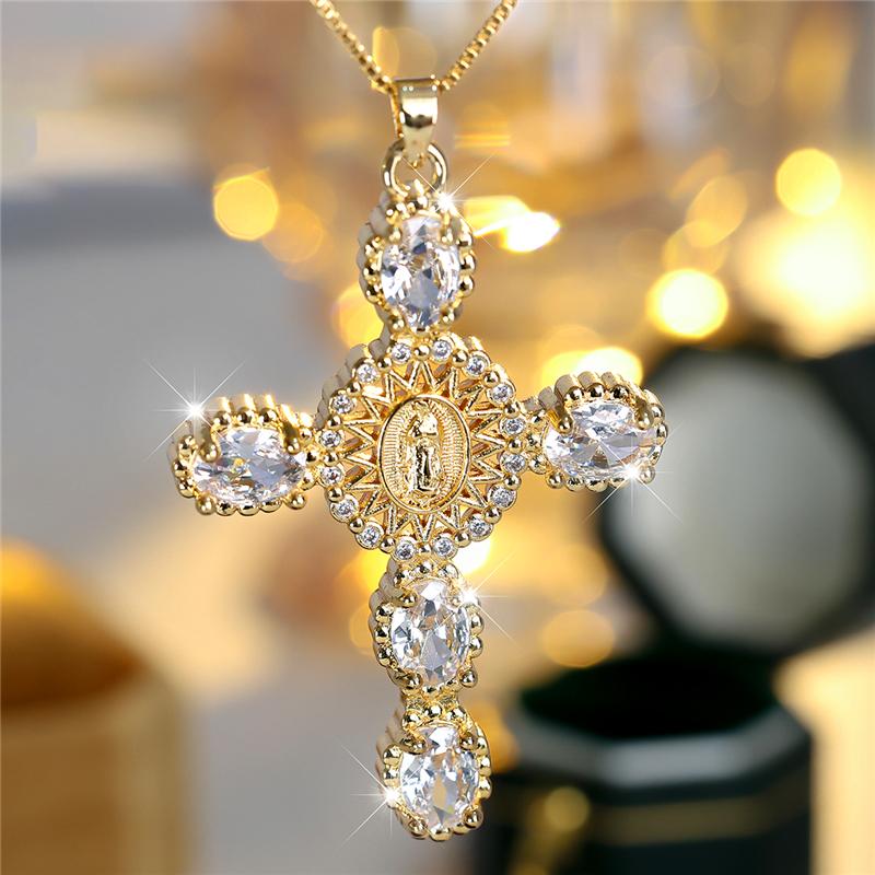 Unique Male Female Crystal Rainbow Zircon Stone Cross Pendant Necklace Cute Gold Color Wedding Jewelry For Women Men