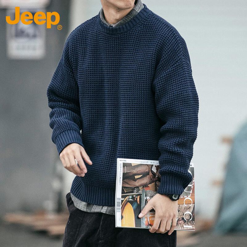 Jeep Men's Loose Fit Thickened Round Neck Knit Sweater