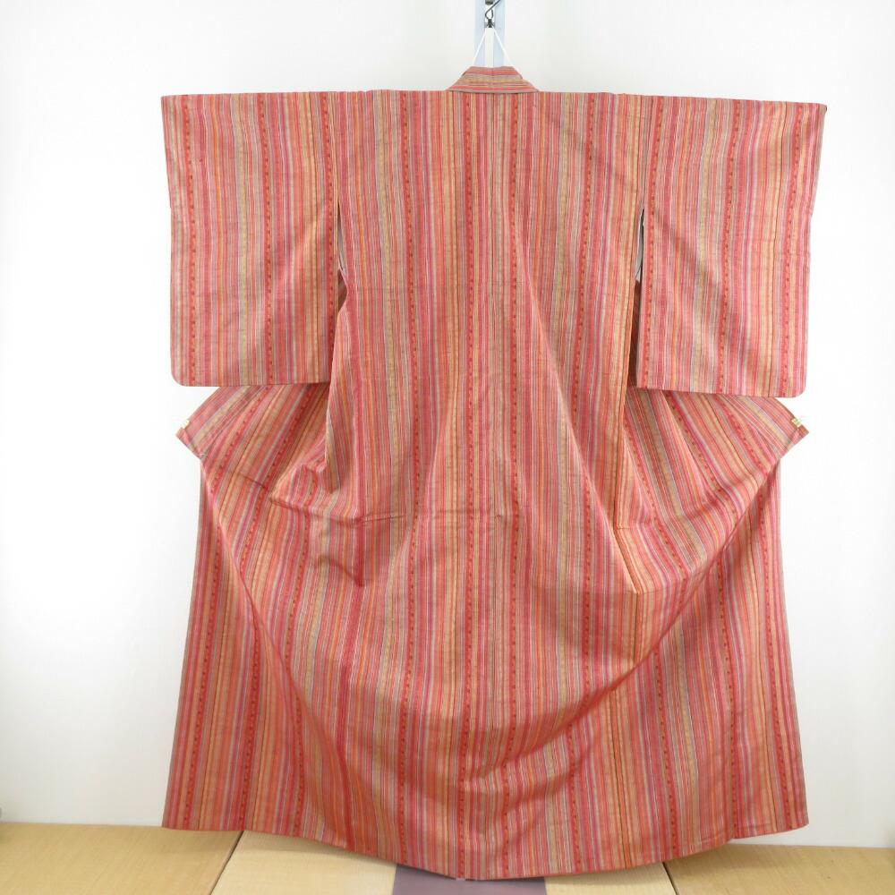Tsumugi kimono, orange x green x multicolor, vertical stripes with geometric pattern, colorful, ethnic style, lining, drumstick collar, pure silk,