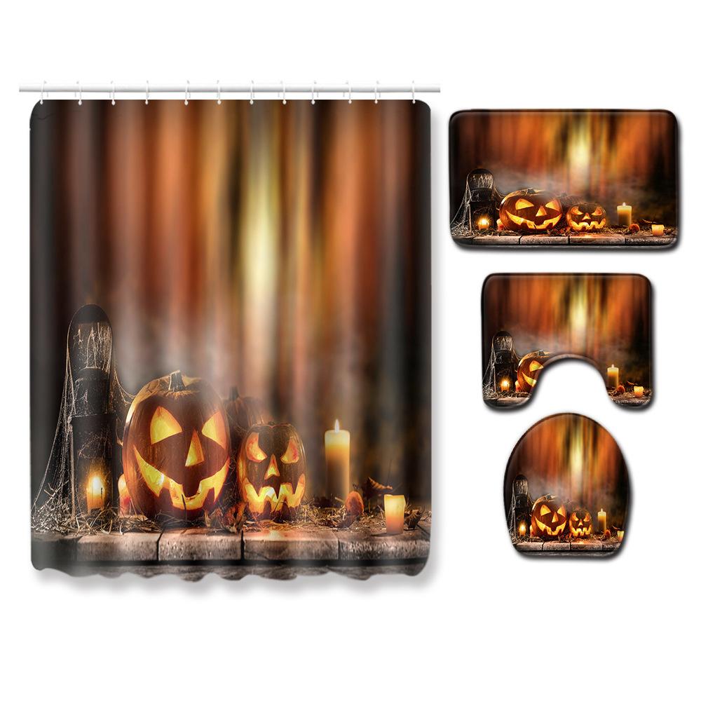 Halloween Shower Curtain Floor Mat Combination Four-Piece Set Bathroom Toilet Carpet Shower Room Foot Mat
